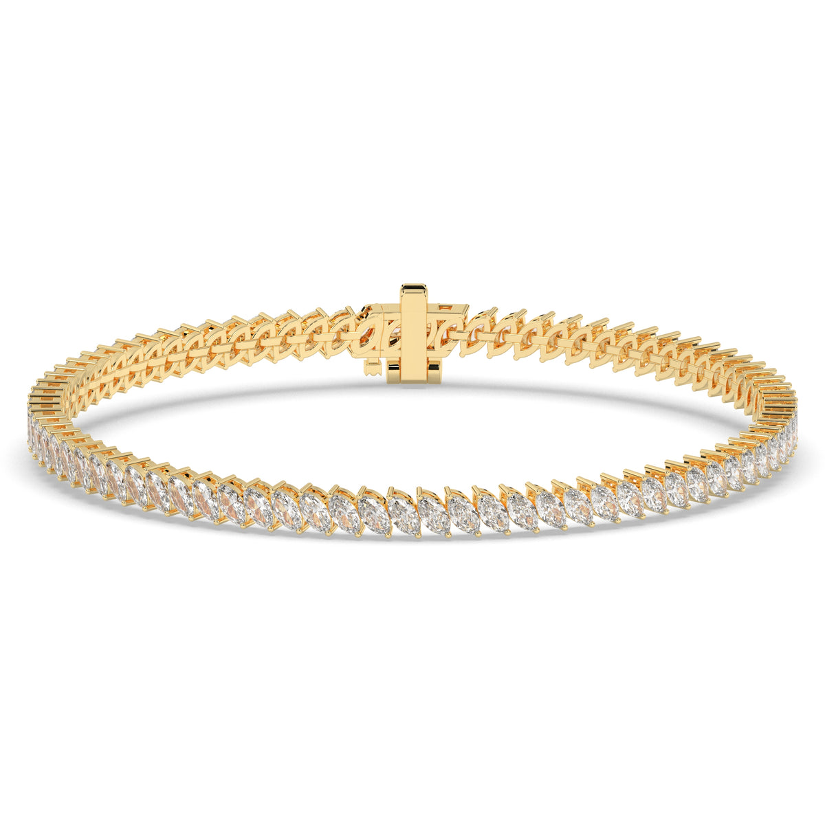 Aline Tennisarmband mit Labordiamanten im Marquiseschliff (schräg gesetzt) aus 585 Gelbgold, Vorderansicht 