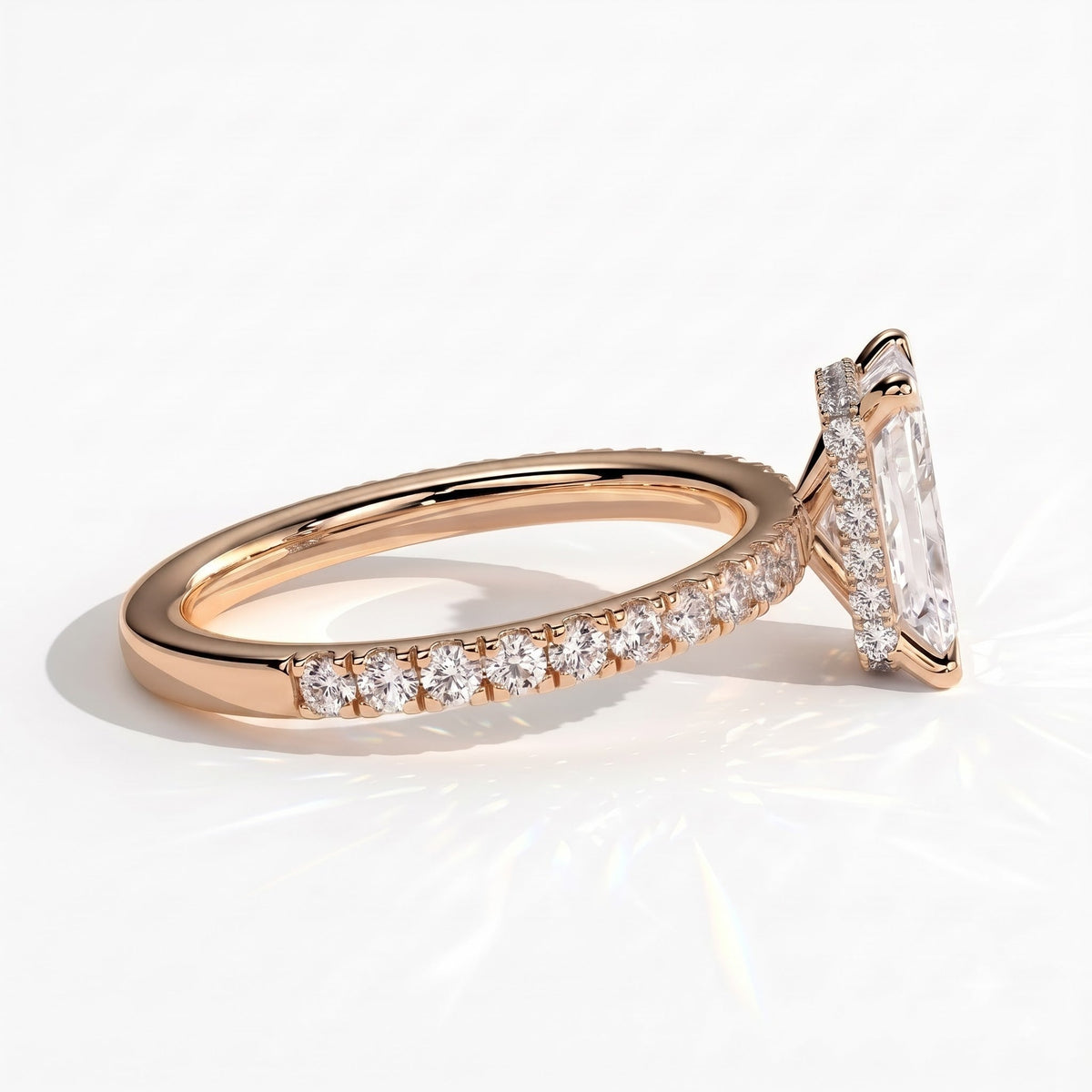 Radiant lab-grown diamond halo engagement ring in 18K (750) rose gold, detail view 