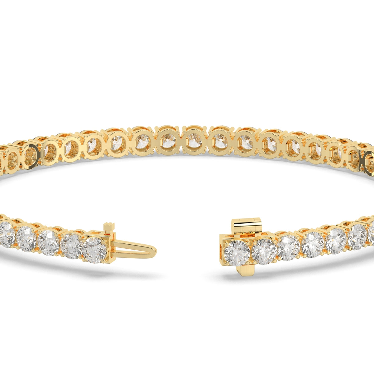 Alma Tennisarmband mit Labordiamanten im Brillantschliff aus 585 Gelbgold, Verschluss geöffnet, Detailansicht 