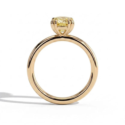 Fancy Vivid Yellow elongated cushion lab-grown diamond solitaire engagement ring with triple claw prongs in 14K (585) yellow gold, side profile 