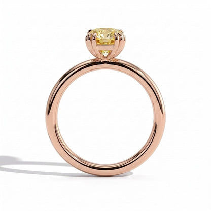Fancy Vivid Yellow elongated cushion lab-grown diamond solitaire engagement ring with triple claw prongs in 18K (750) rose gold, side profile 