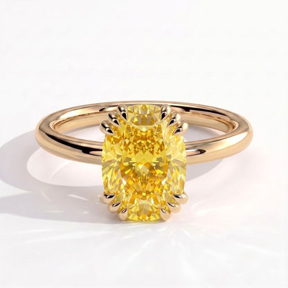 Fancy Vivid Yellow elongated cushion lab-grown diamond solitaire engagement ring with triple claw prongs in 18K (750) yellow gold, front view 