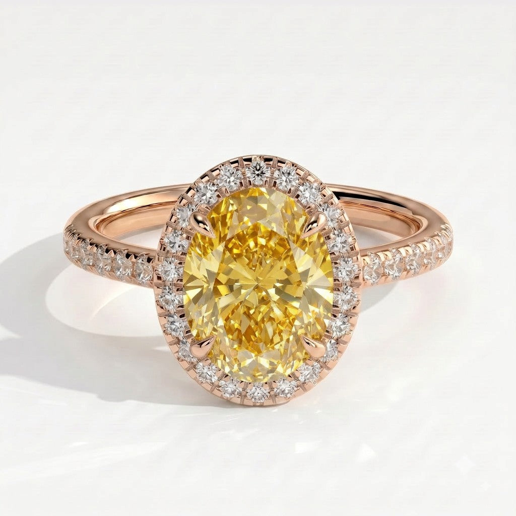 Fancy Vivid Yellow oval lab-grown diamond halo engagement ring with cathedral pavé band in 14K (585) rose gold, front view 