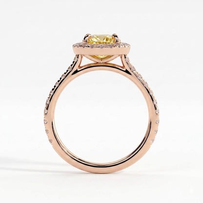 Fancy Vivid Yellow oval lab-grown diamond halo engagement ring with cathedral pavé band in 14K (585) rose gold, side profile showing the cathedral setting 