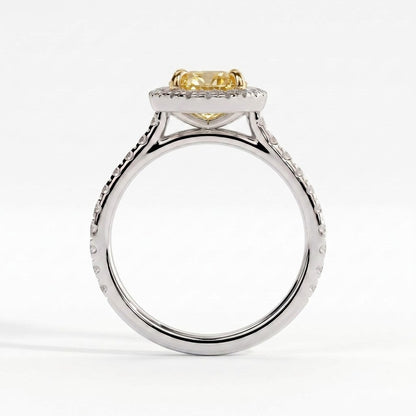 Fancy Vivid Yellow oval lab-grown diamond halo engagement ring with cathedral pavé band in 18K (750) white gold, side profile showing the cathedral setting 