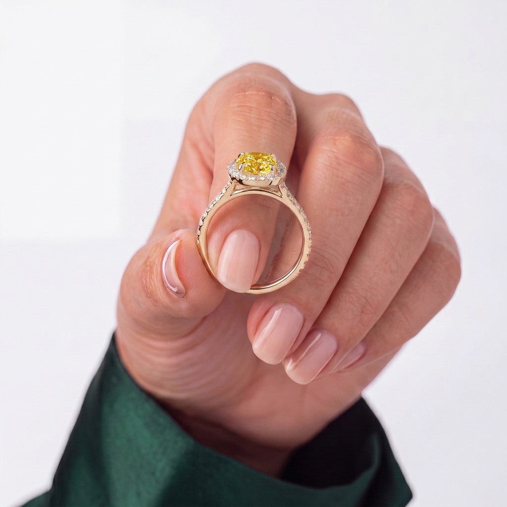 Fancy Vivid Yellow oval lab-grown diamond halo engagement ring with cathedral pavé band in 18K (750) white gold, studio view 