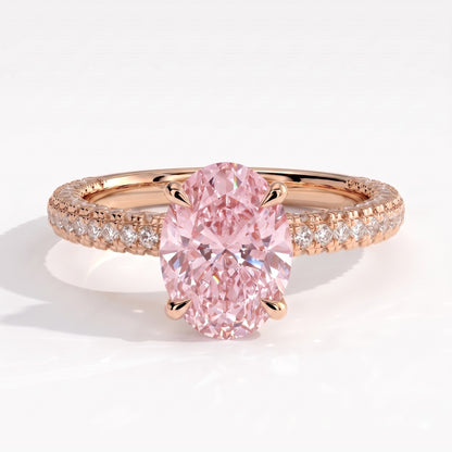 Fancy Vivid Pink oval lab-grown diamond engagement ring with triple pavé band and hidden halo in 14K (585) rose gold, front view 