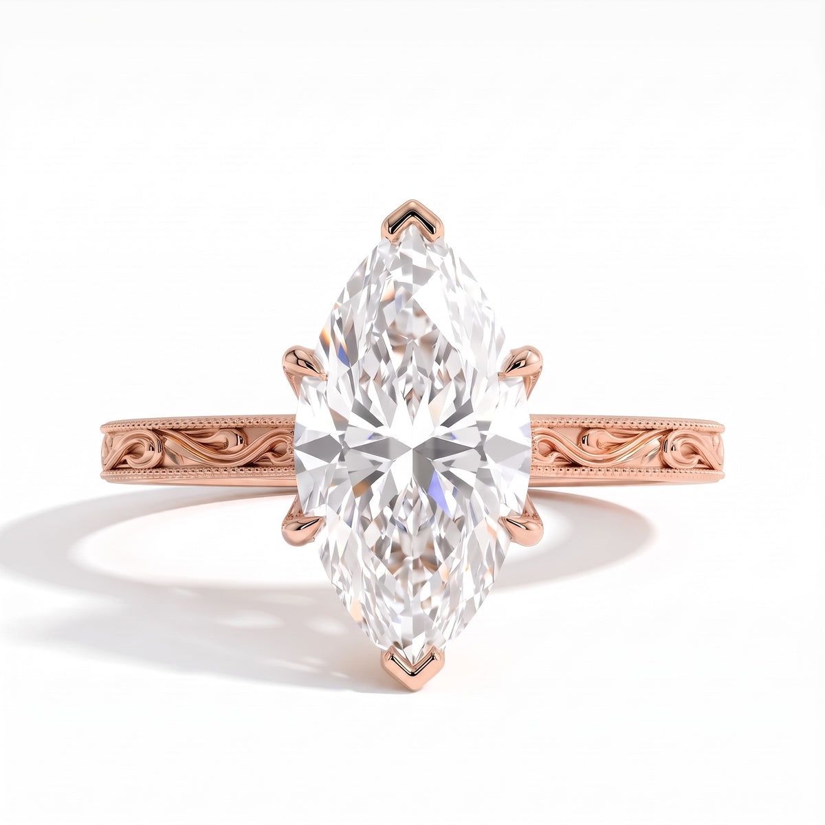 Marquise lab-grown diamond vintage filigree solitaire engagement ring in 14K (585) rose gold, front view 