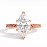 Marquise lab-grown diamond vintage filigree solitaire engagement ring in 14K (585) rose gold, front view 