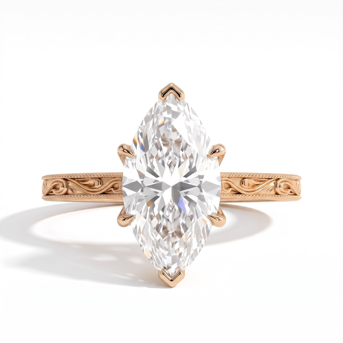 Marquise lab-grown diamond vintage filigree solitaire engagement ring in 14K (585) yellow gold, front view 