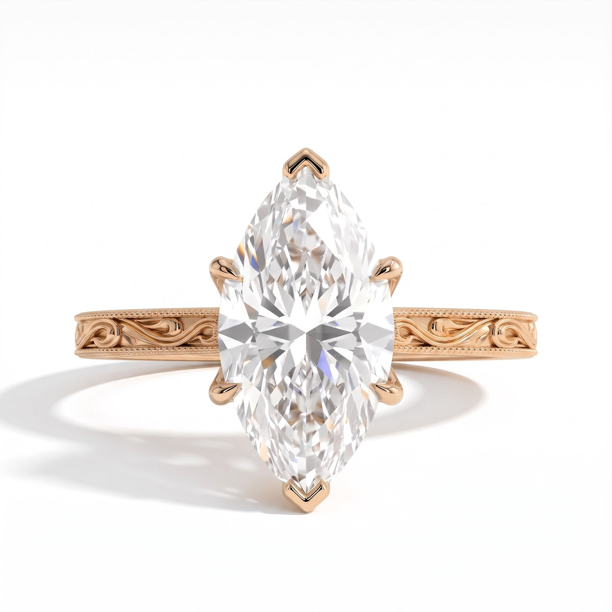 Marquise lab-grown diamond vintage filigree solitaire engagement ring in 14K (585) yellow gold, front view 