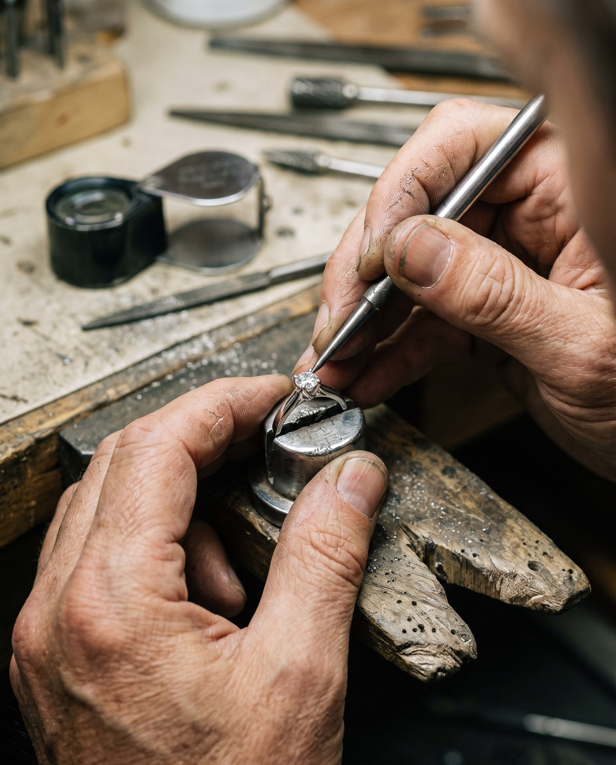 Goldsmith setting a round lab-grown diamond into the prongs of a platinum engagement ring | BEUSÉA