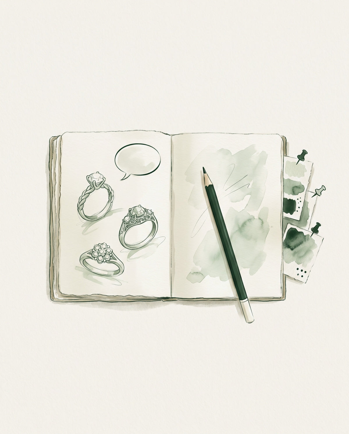 Watercolour illustration of a sketchbook with engagement ring ideas