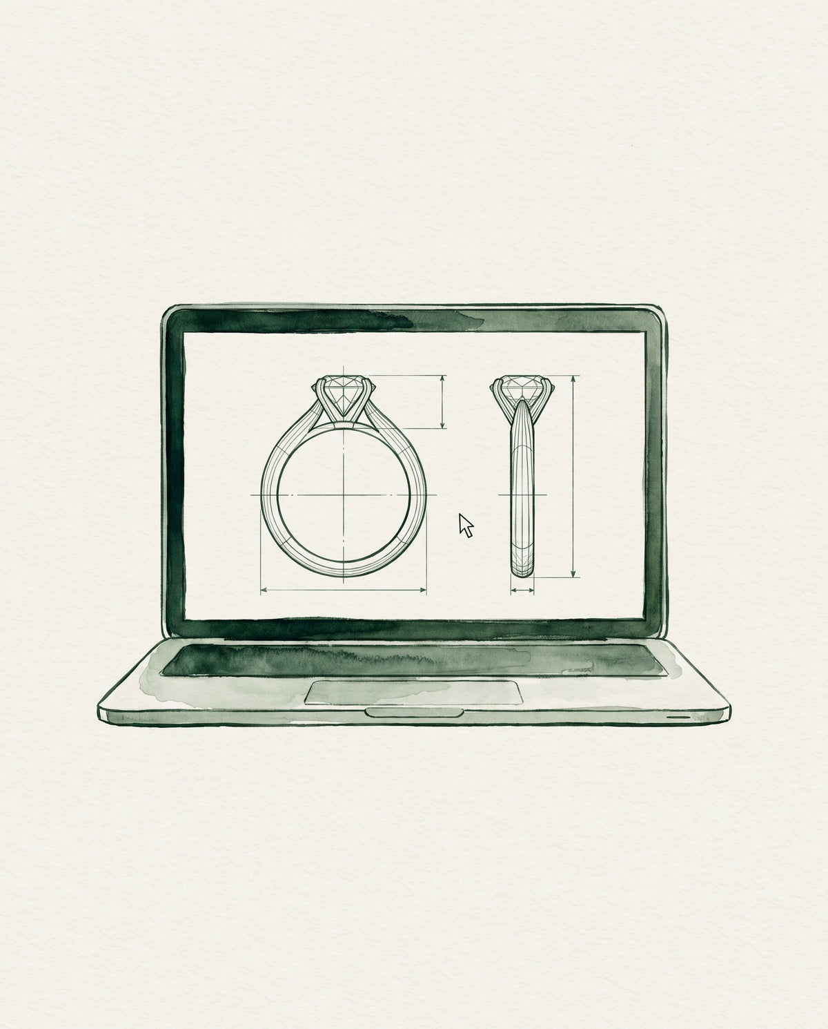 Watercolour illustration of a laptop showing a CAD ring design