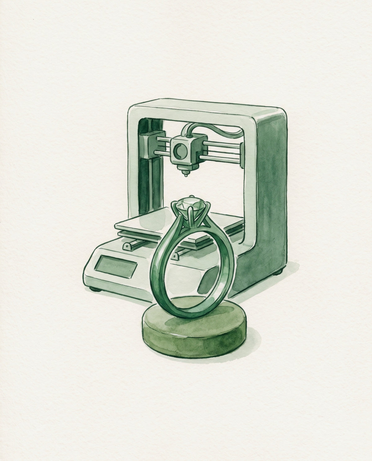 Watercolour illustration of a wax ring model and a 3D printer