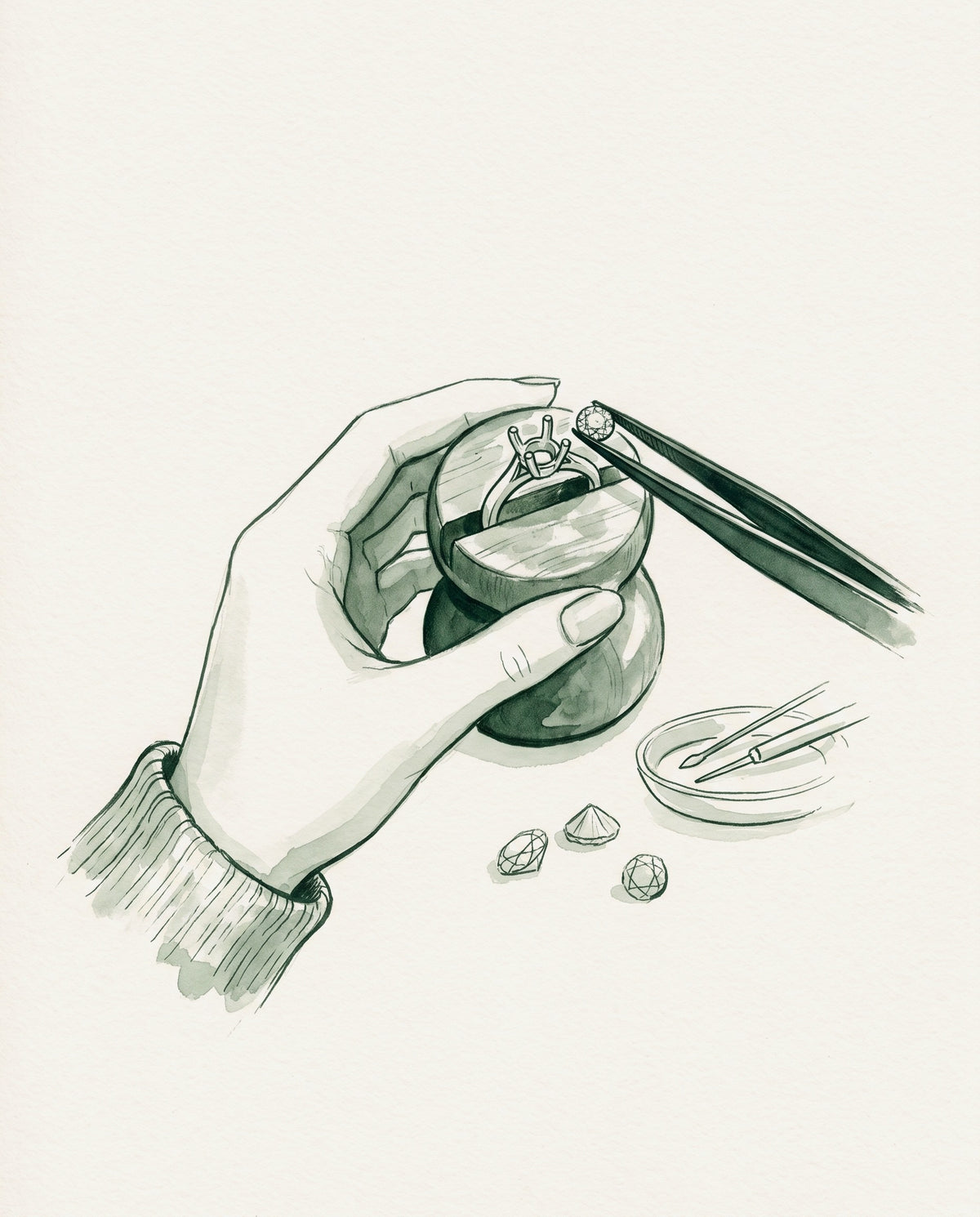 Watercolour illustration of a diamond being set into a ring
