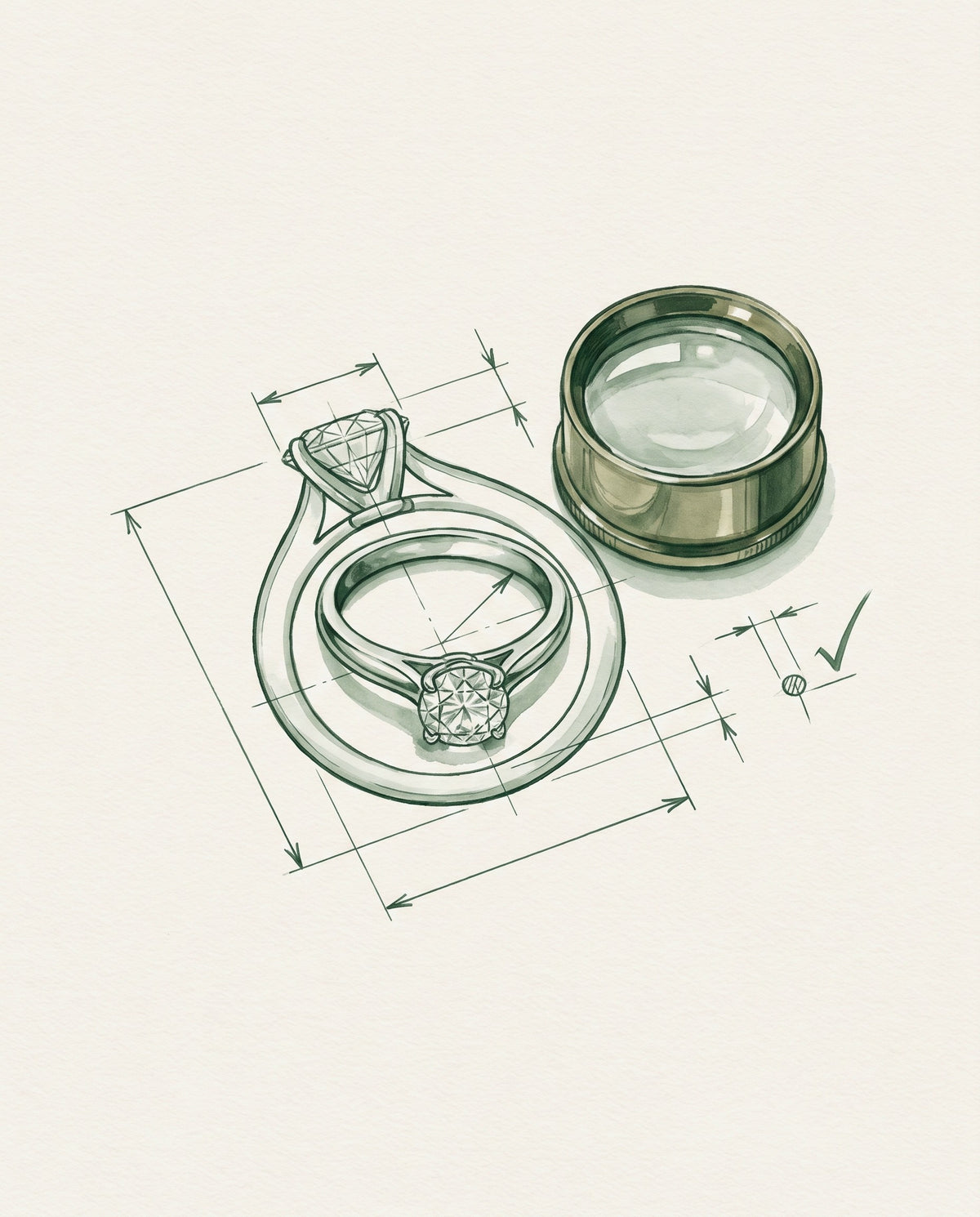 Watercolour illustration of a finished ring checked against its drawing