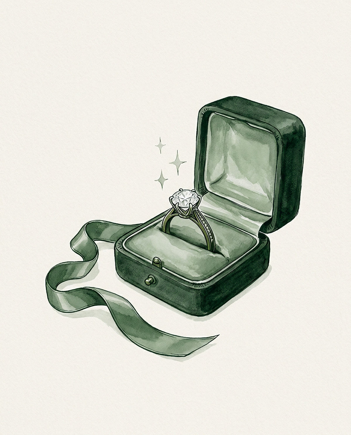 Watercolour illustration of a ring in an open gift box