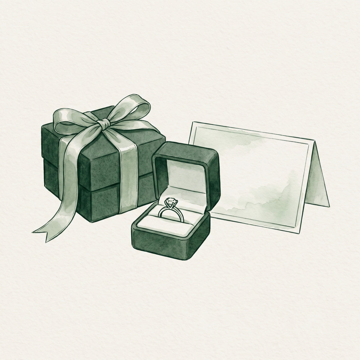 Watercolour illustration of a ring in its gift box with certificate