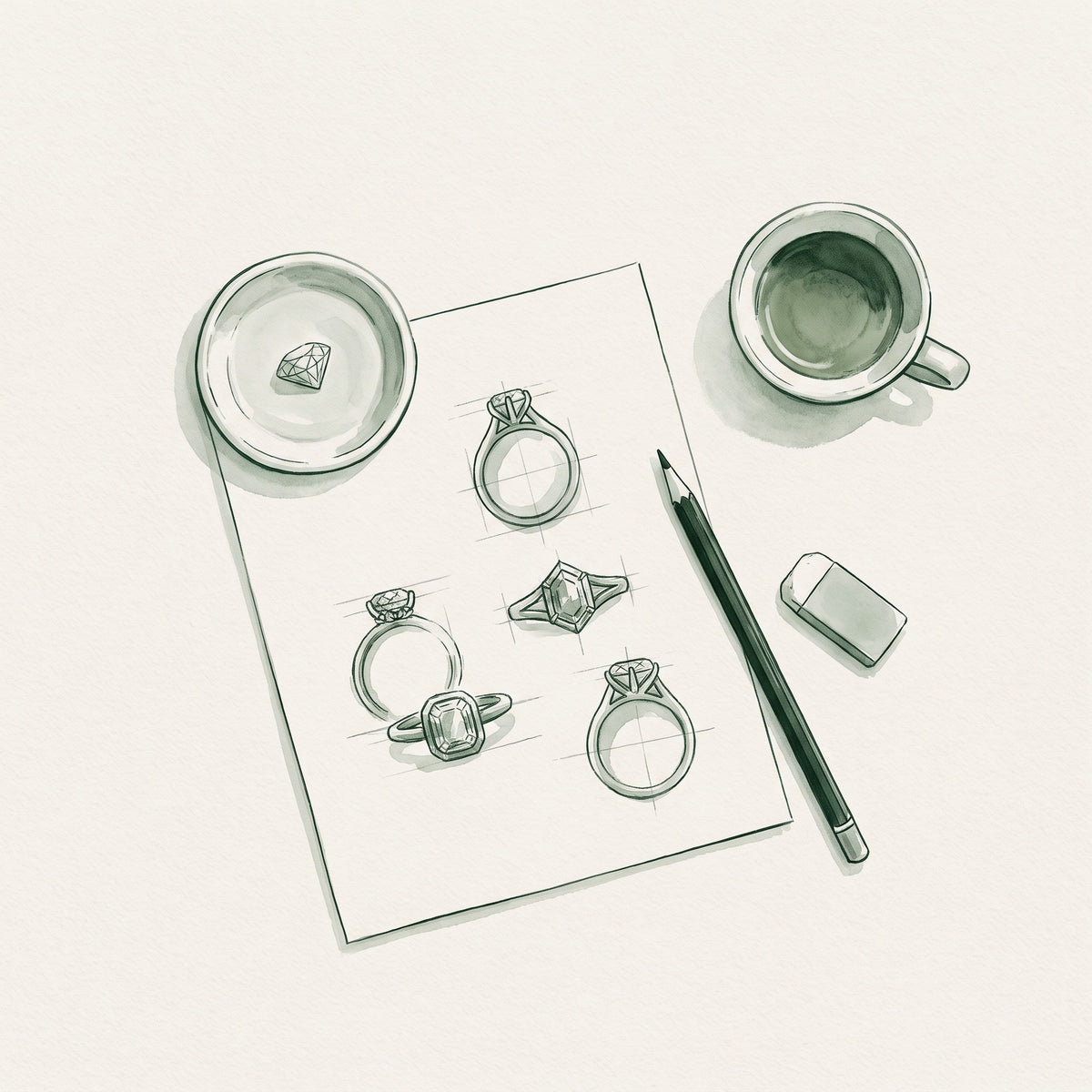 Watercolour illustration of ring design sketches on a desk