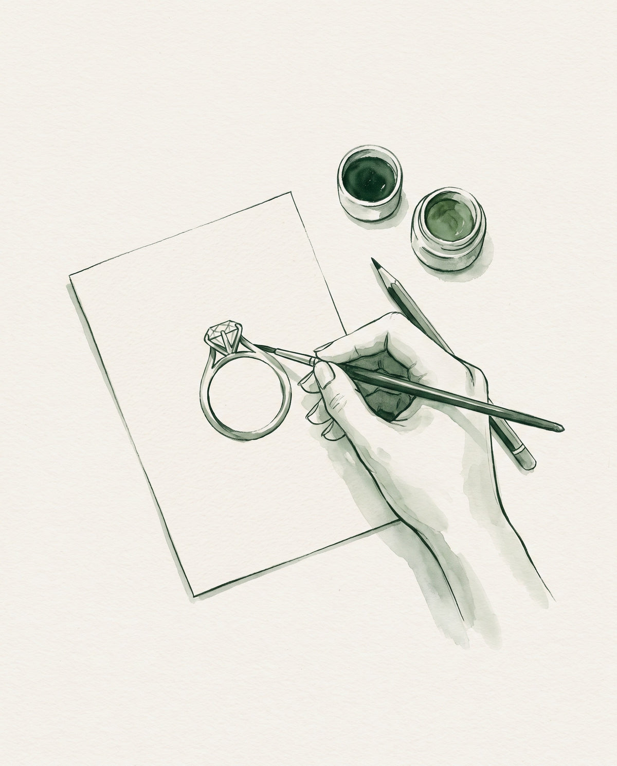 Watercolour illustration of a ring design being painted by hand