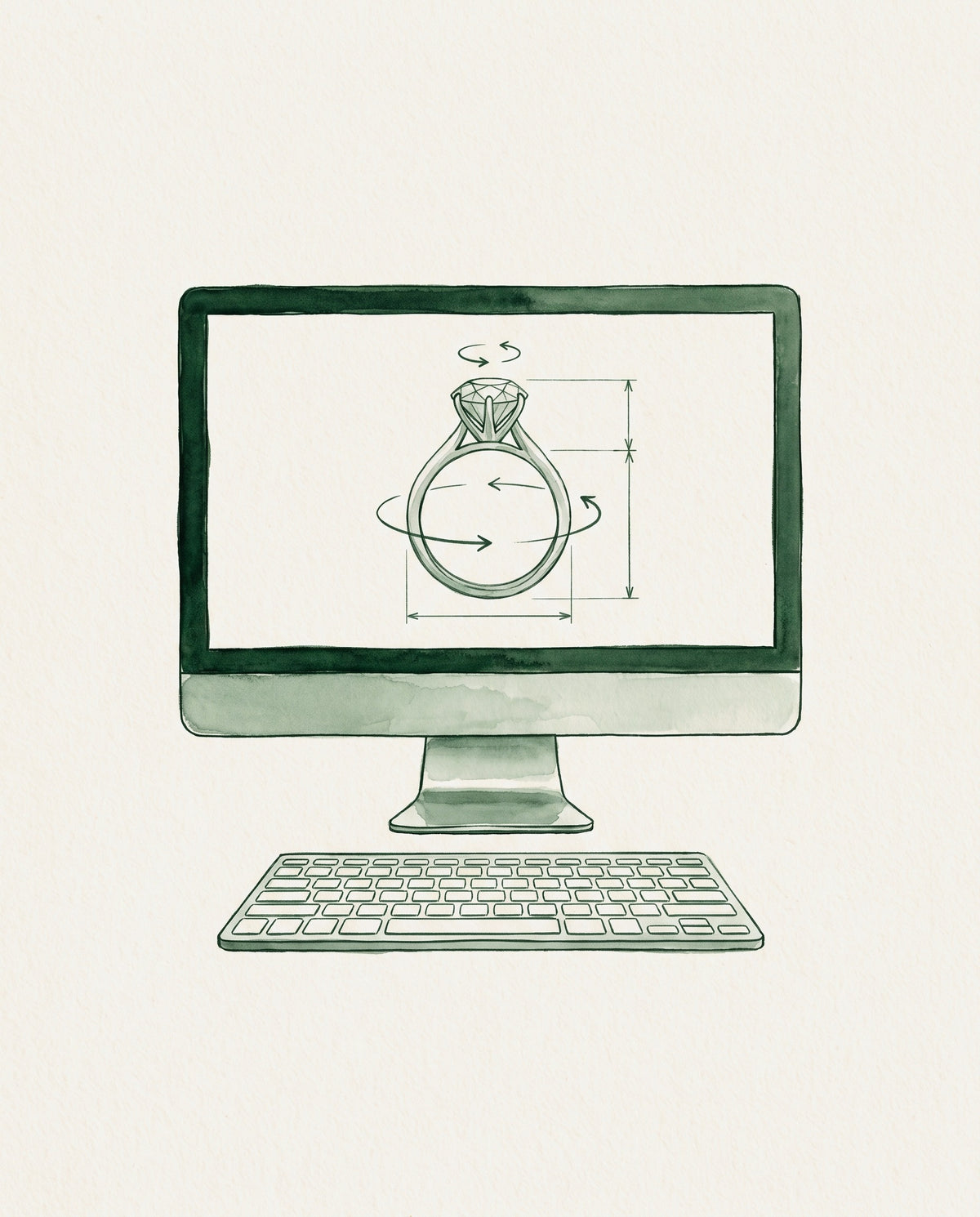 Watercolour illustration of a 3D CAD ring model on a screen