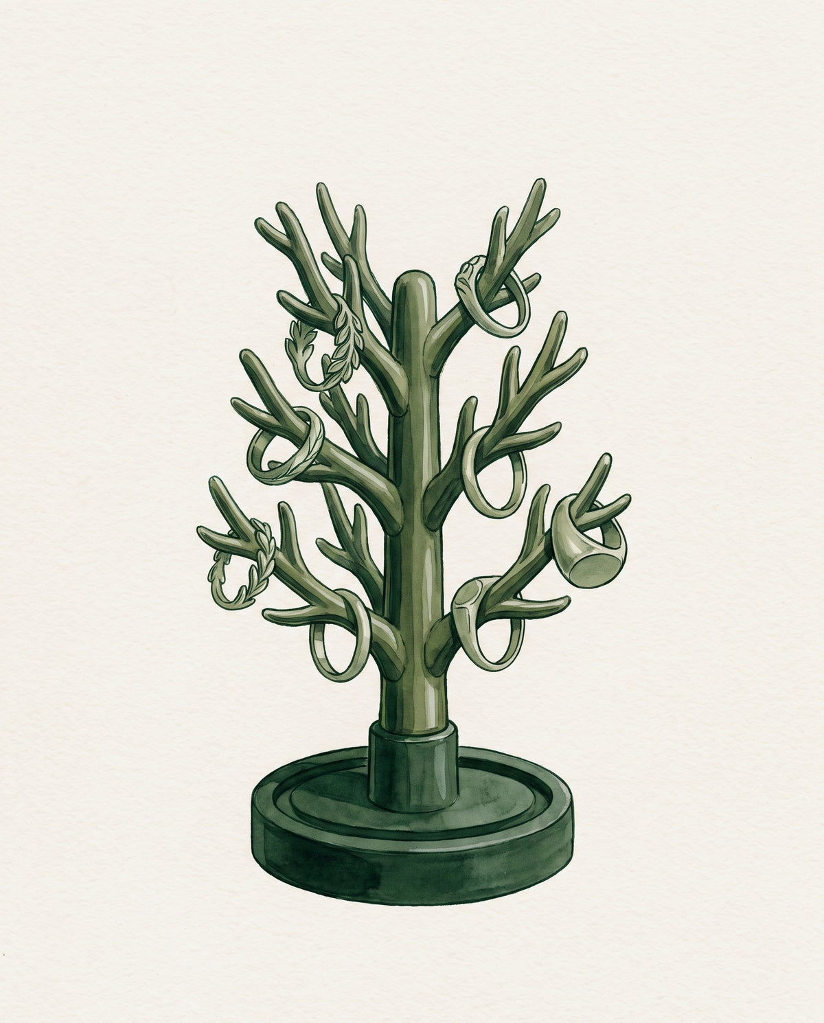 Watercolour illustration of a wax casting tree with ring models