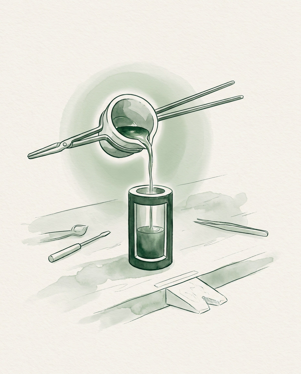 Watercolour illustration of molten gold poured into a casting flask