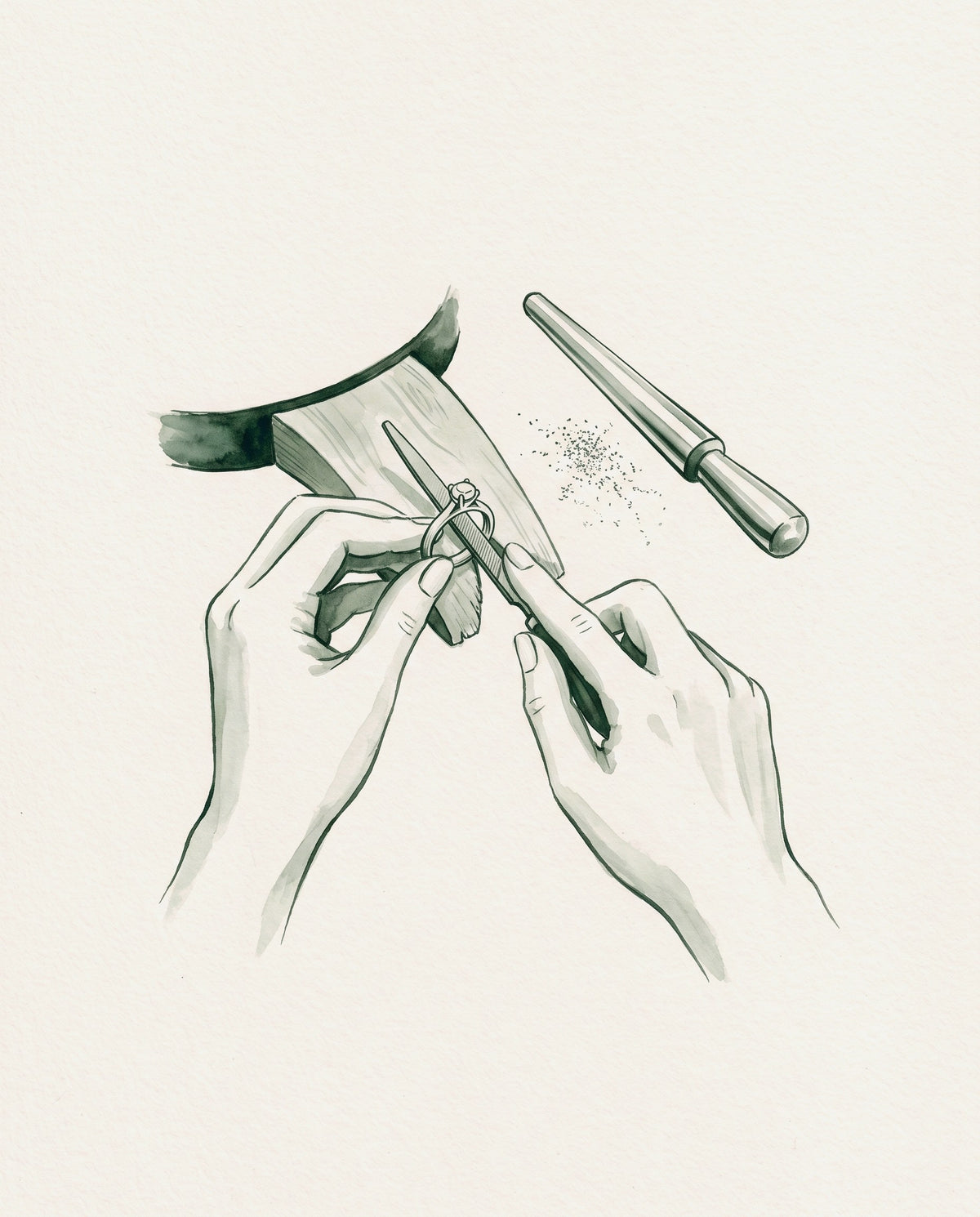 Watercolour illustration of a goldsmith filing a ring band