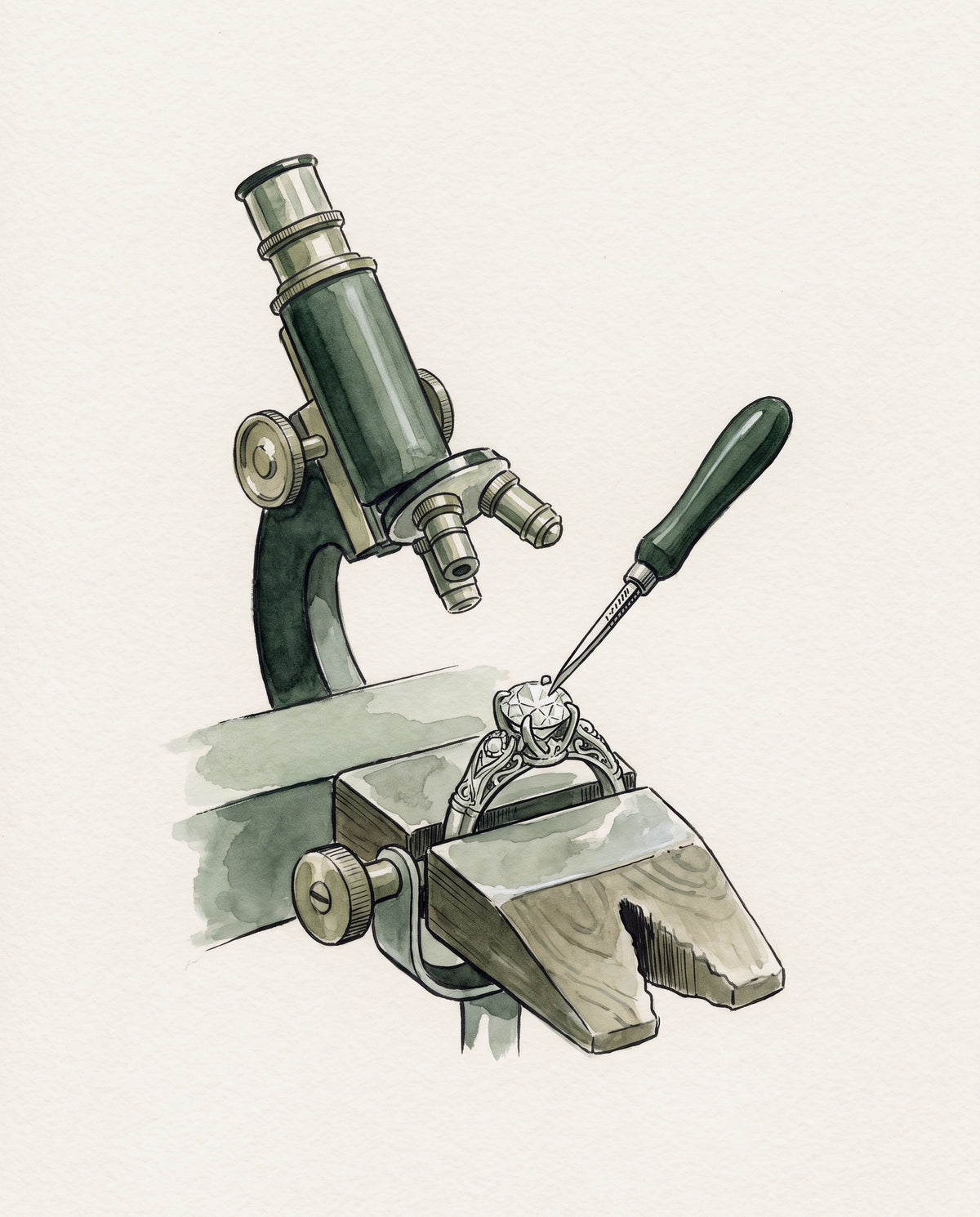 Watercolour illustration of a diamond set under a microscope