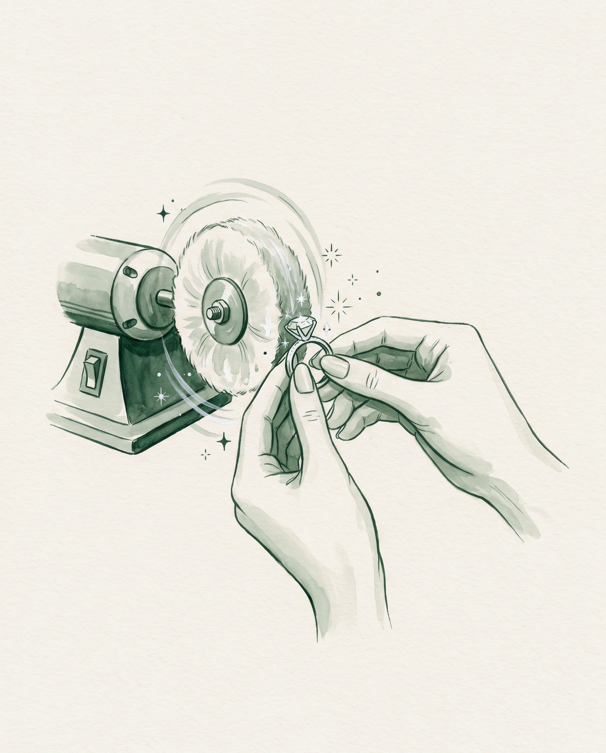 Watercolour illustration of a ring being polished