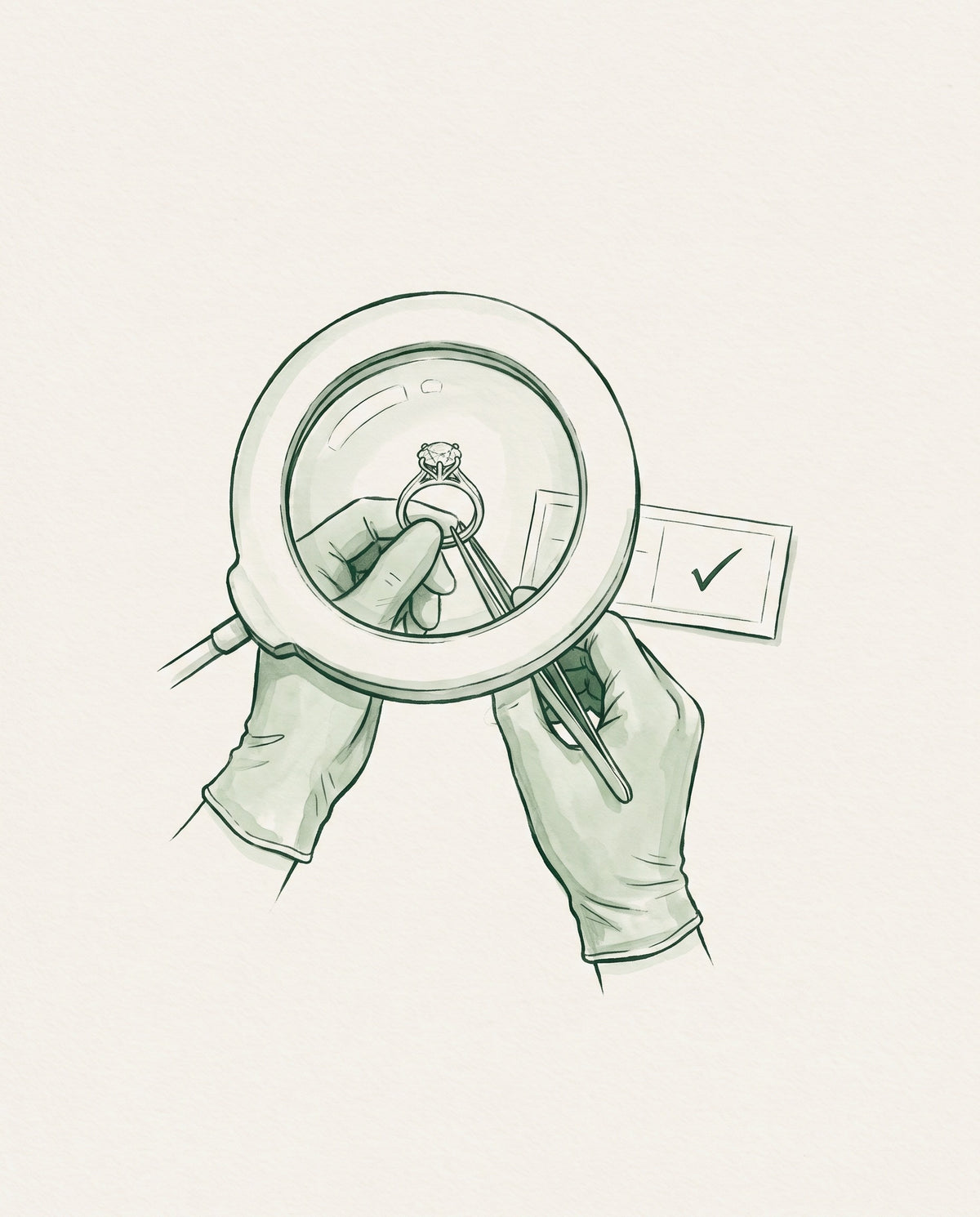 Watercolour illustration of a finished ring inspected under a magnifier