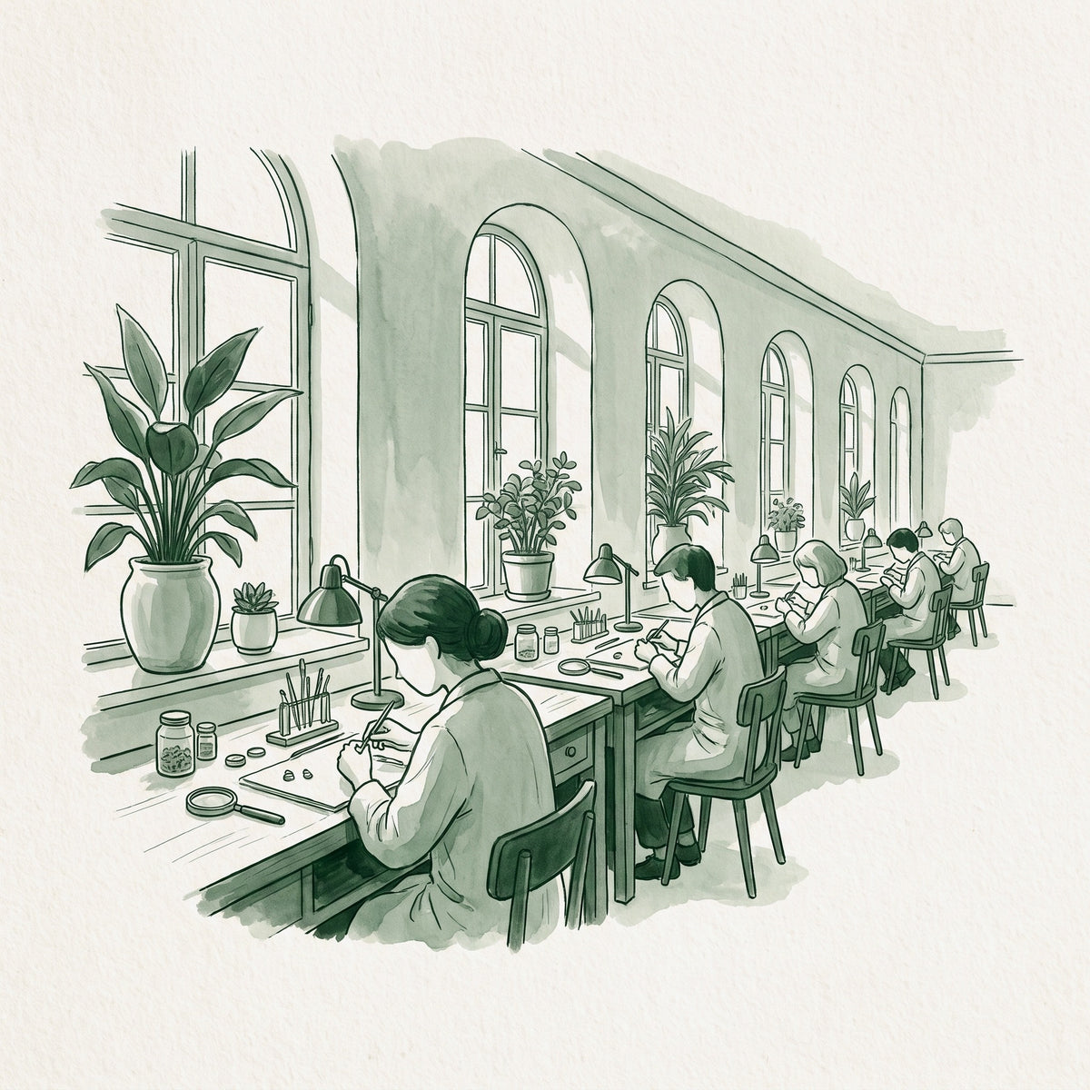 Watercolour illustration of the BEUSÉA atelier with jewellers at their benches