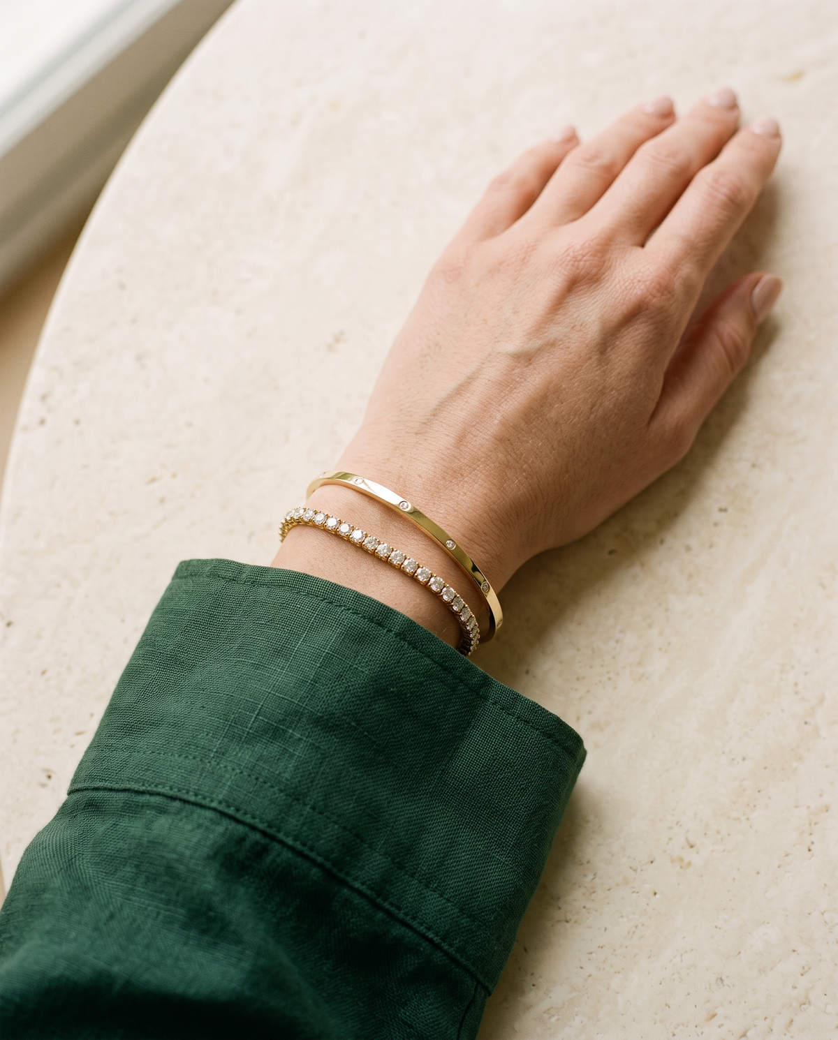 Yellow gold lab-grown diamond tennis bracelet and bangle by BEUSÉA