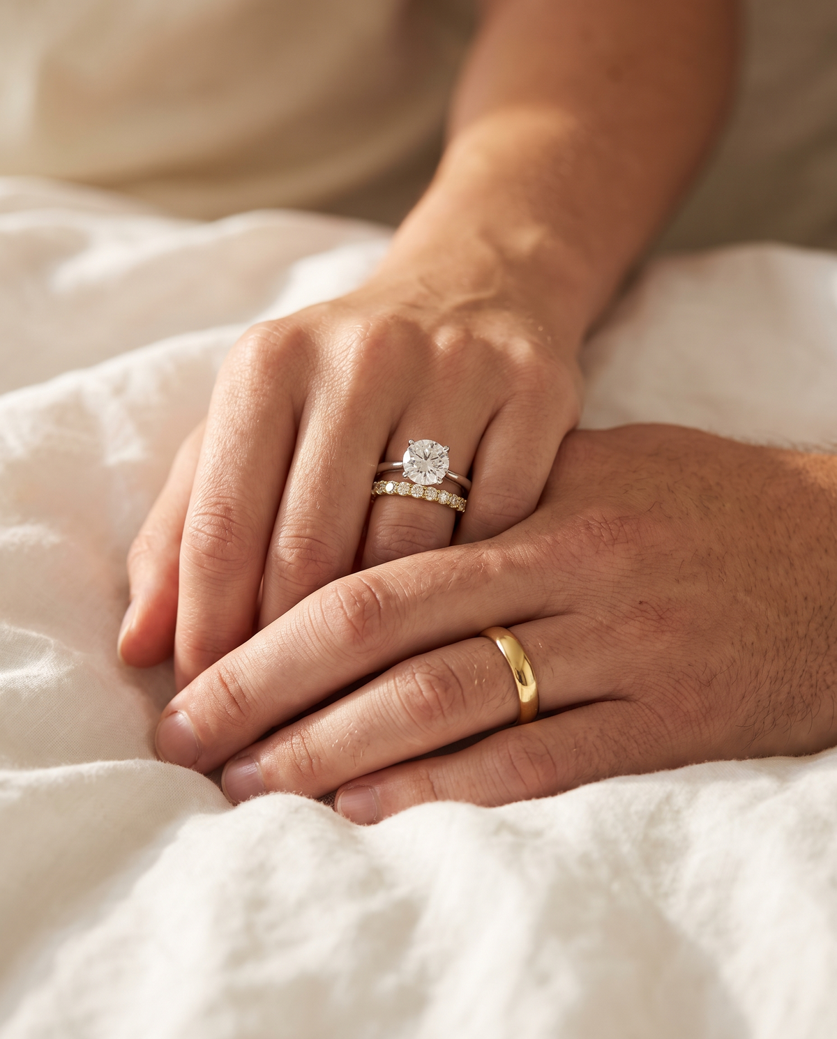 Couple's hands with a diamond engagement ring, eternity band and gold wedding band