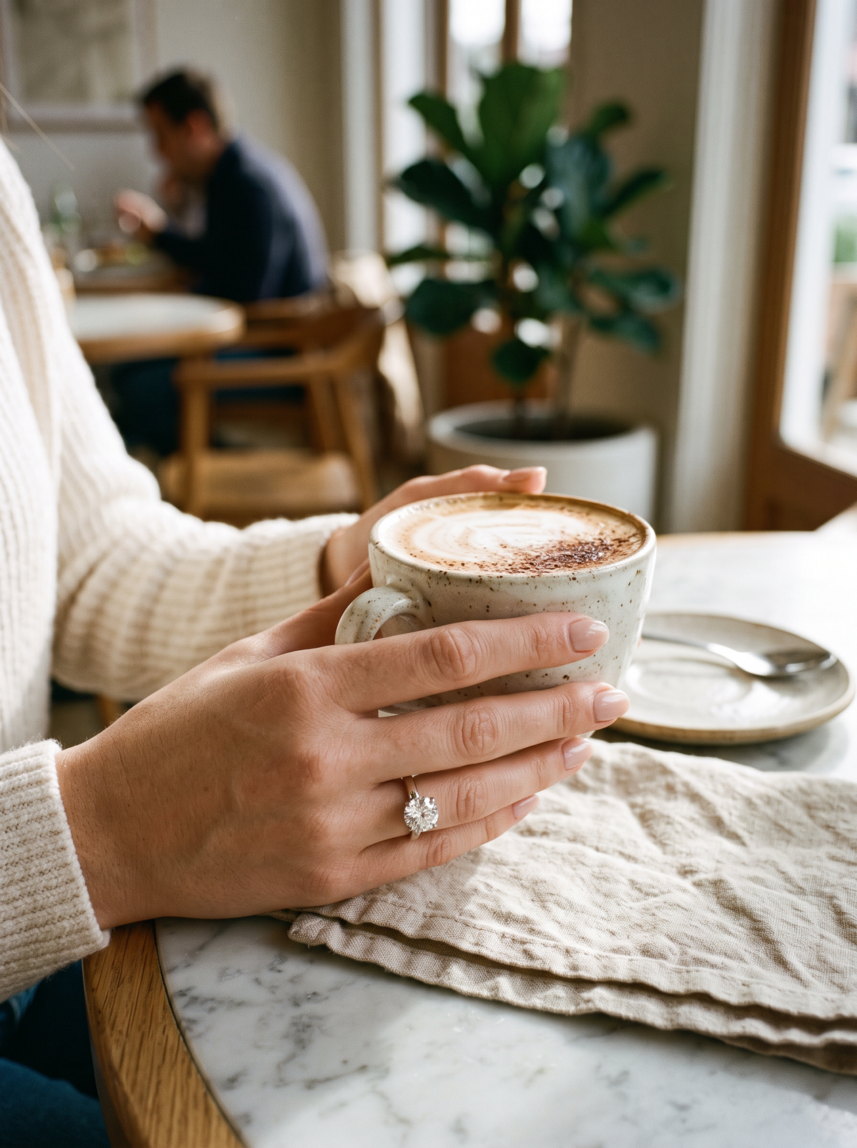 Diamond solitaire engagement ring worn while holding a cappuccino at a cafe