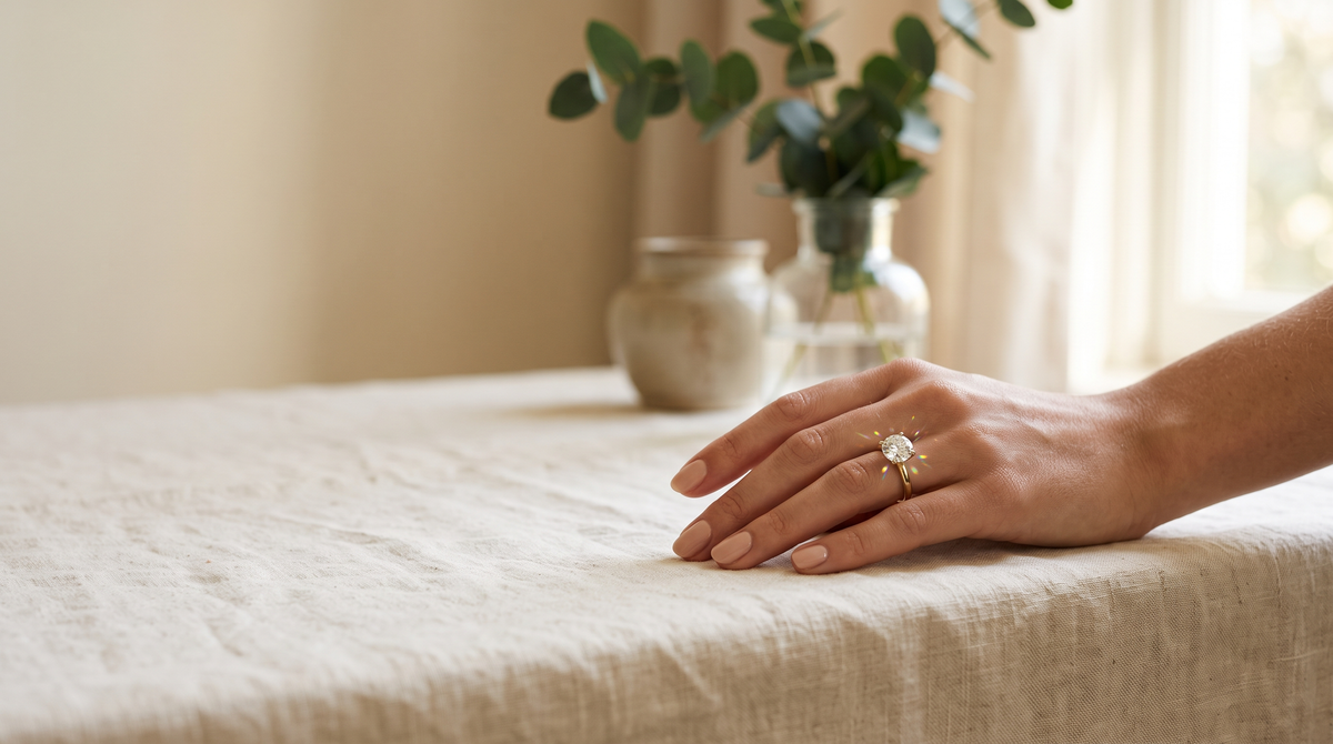 Hand wearing a round solitaire lab-grown diamond engagement ring in soft daylight