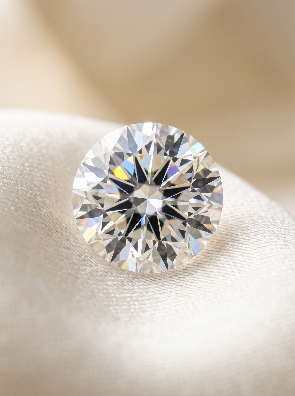 Macro of an excellent-cut round brilliant diamond showing symmetrical facets