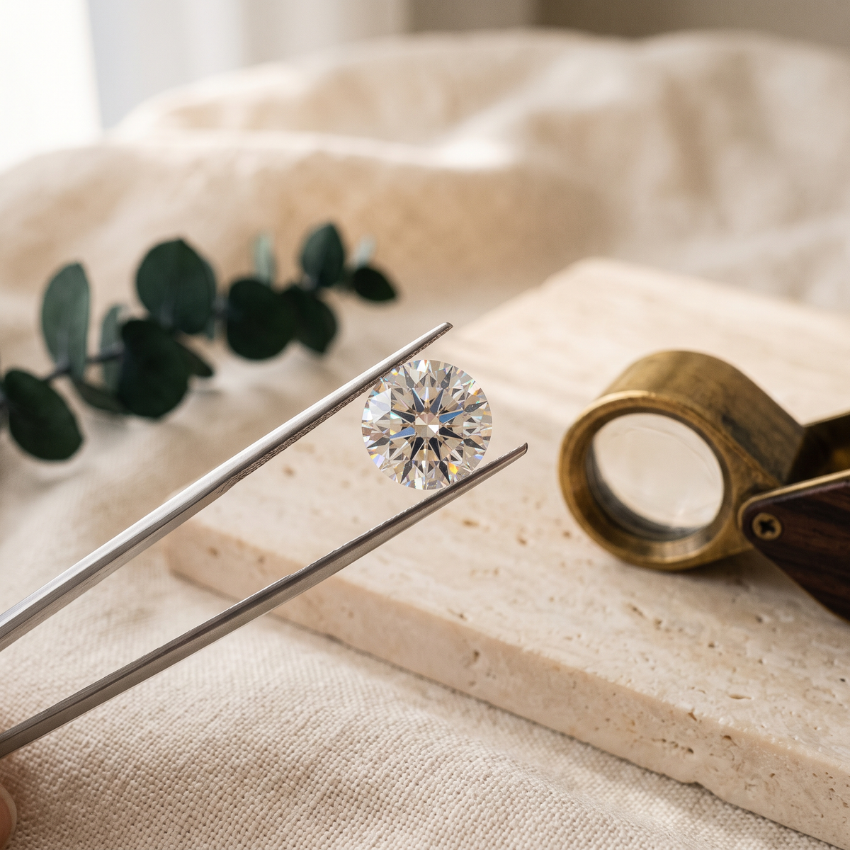 Round lab-grown diamond held in tweezers next to a 10x jeweller's loupe