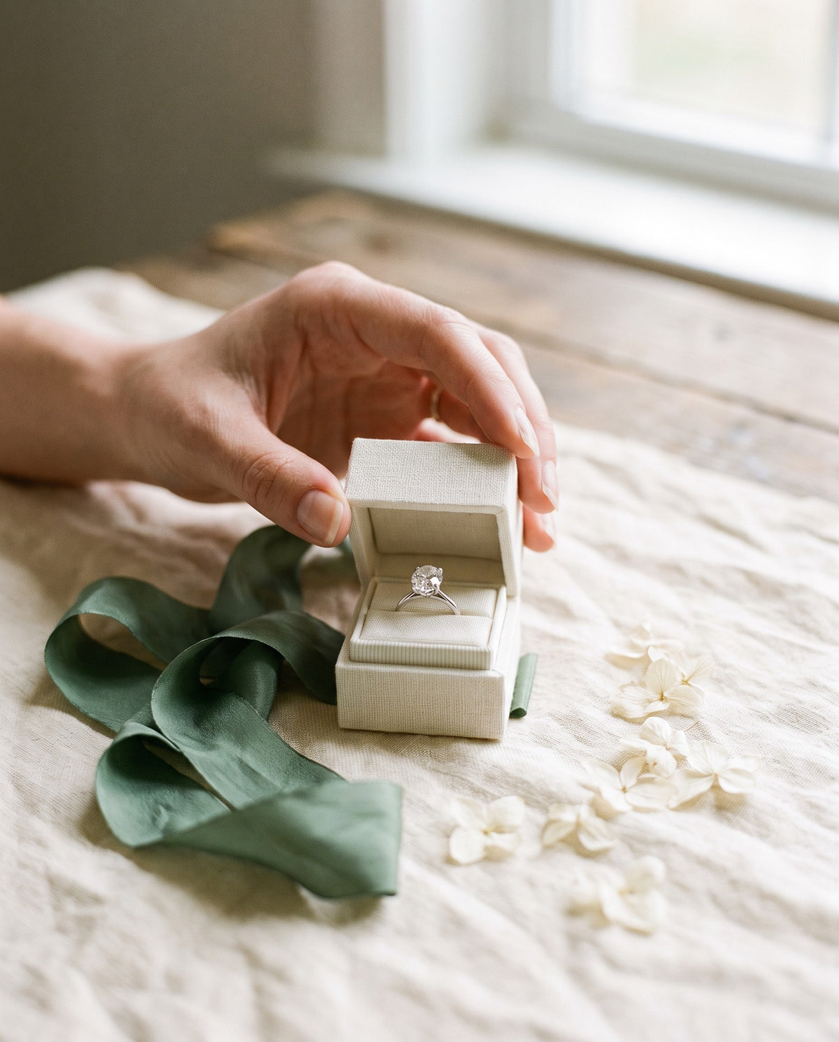 Hand opening an ivory ring box with an oval lab-grown diamond engagement ring and a sage green ribbon | BEUSÉA