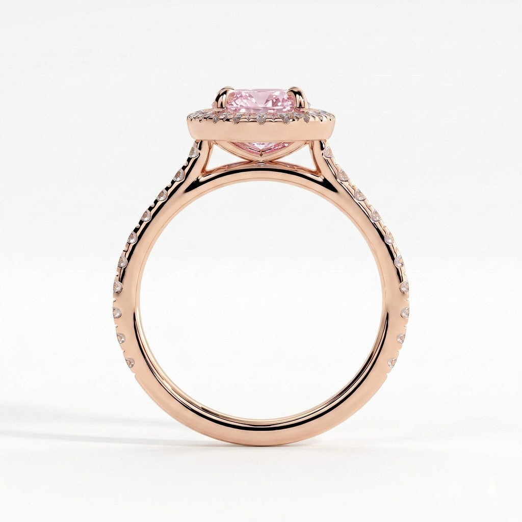 Fancy Vivid Pink oval lab-grown diamond halo engagement ring with cathedral pavé band in 14K (585) rose gold, side profile showing the cathedral setting 