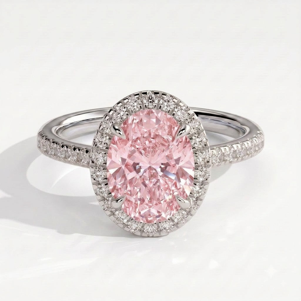 Fancy Vivid Pink oval lab-grown diamond halo engagement ring with cathedral pavé band in 14K (585) white gold, front view 