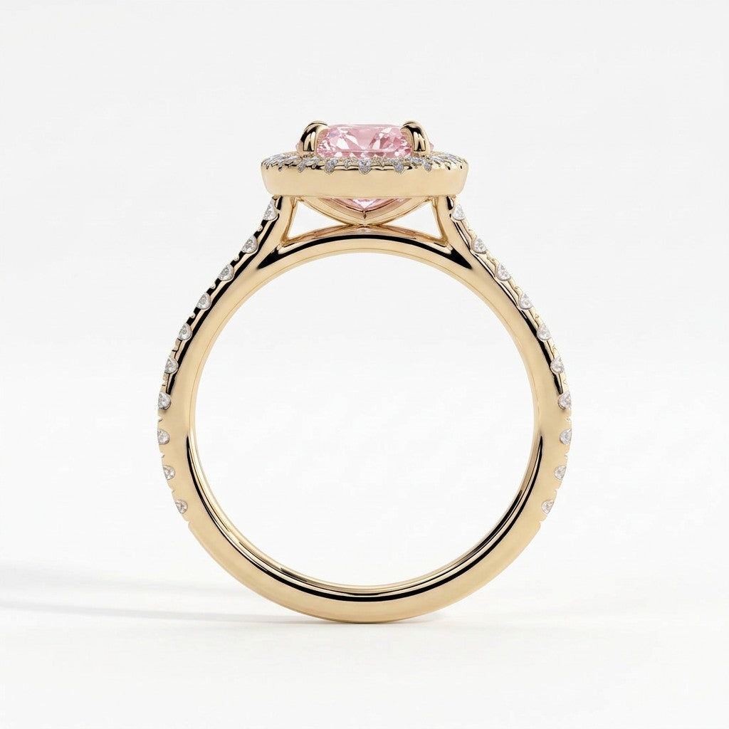 Fancy Vivid Pink oval lab-grown diamond halo engagement ring with cathedral pavé band in 14K (585) yellow gold, side profile showing the cathedral setting 