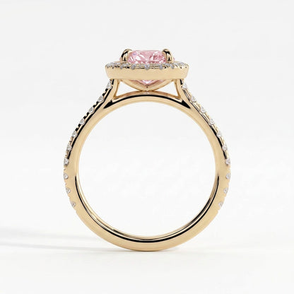 Fancy Vivid Pink oval lab-grown diamond halo engagement ring with cathedral pavé band in 18K (750) yellow gold, side profile showing the cathedral setting 