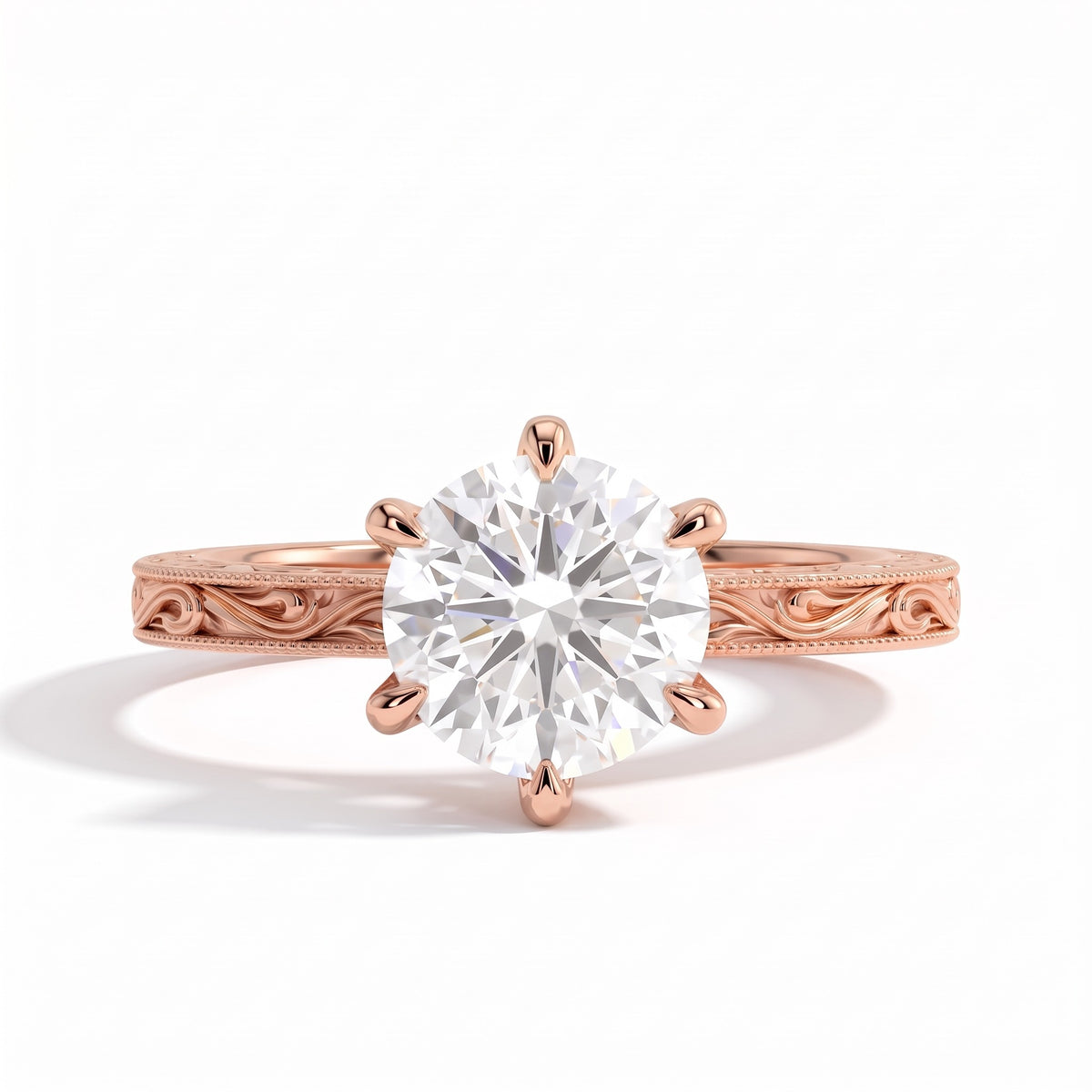 Round lab-grown diamond vintage filigree solitaire engagement ring in 18K (750) rose gold, front view 