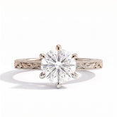 Round lab-grown diamond vintage filigree solitaire engagement ring in 14K (585) white gold, front view 