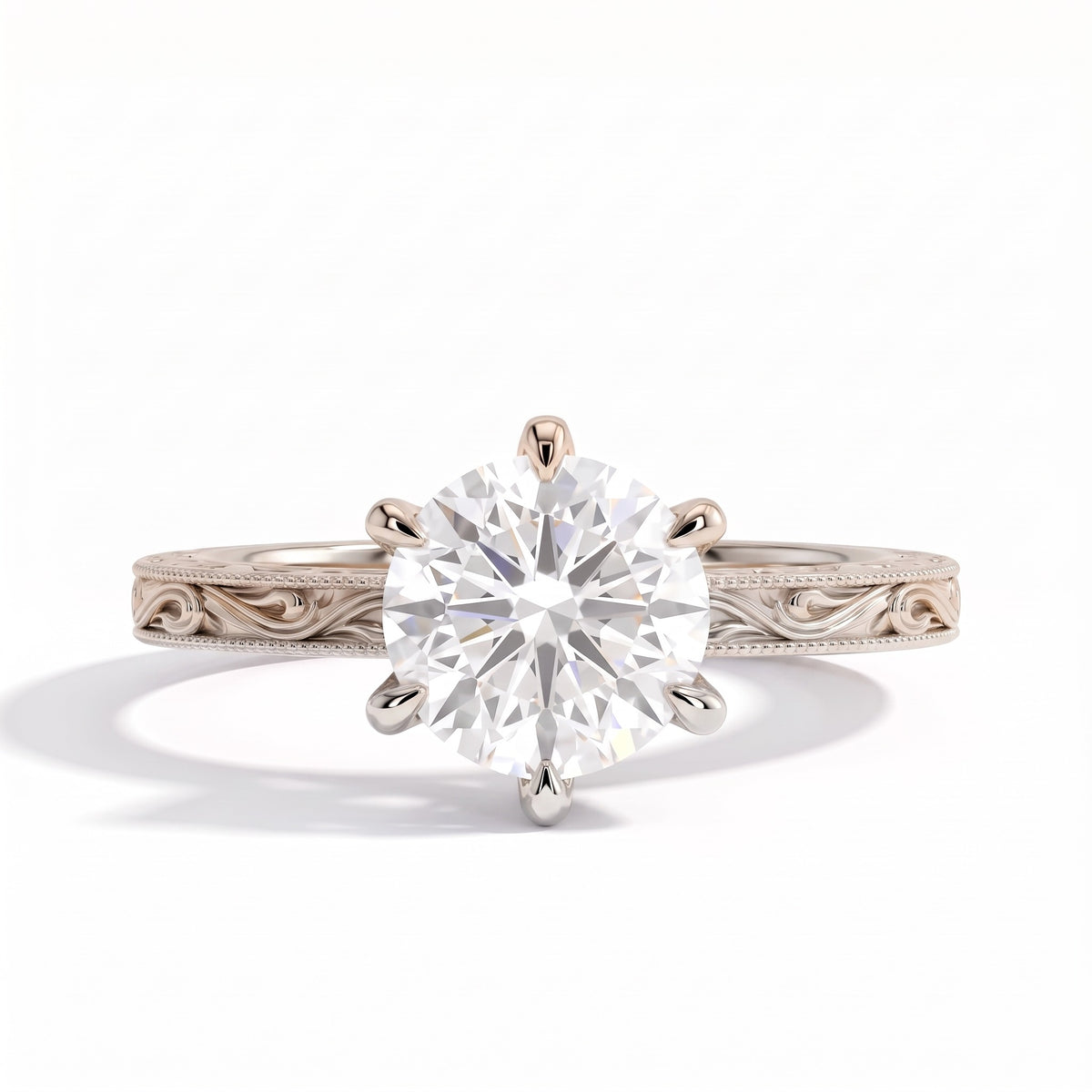 Round lab-grown diamond vintage filigree solitaire engagement ring in 14K (585) white gold, front view 