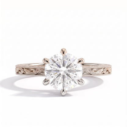Round lab-grown diamond vintage filigree solitaire engagement ring in 14K (585) white gold, front view 