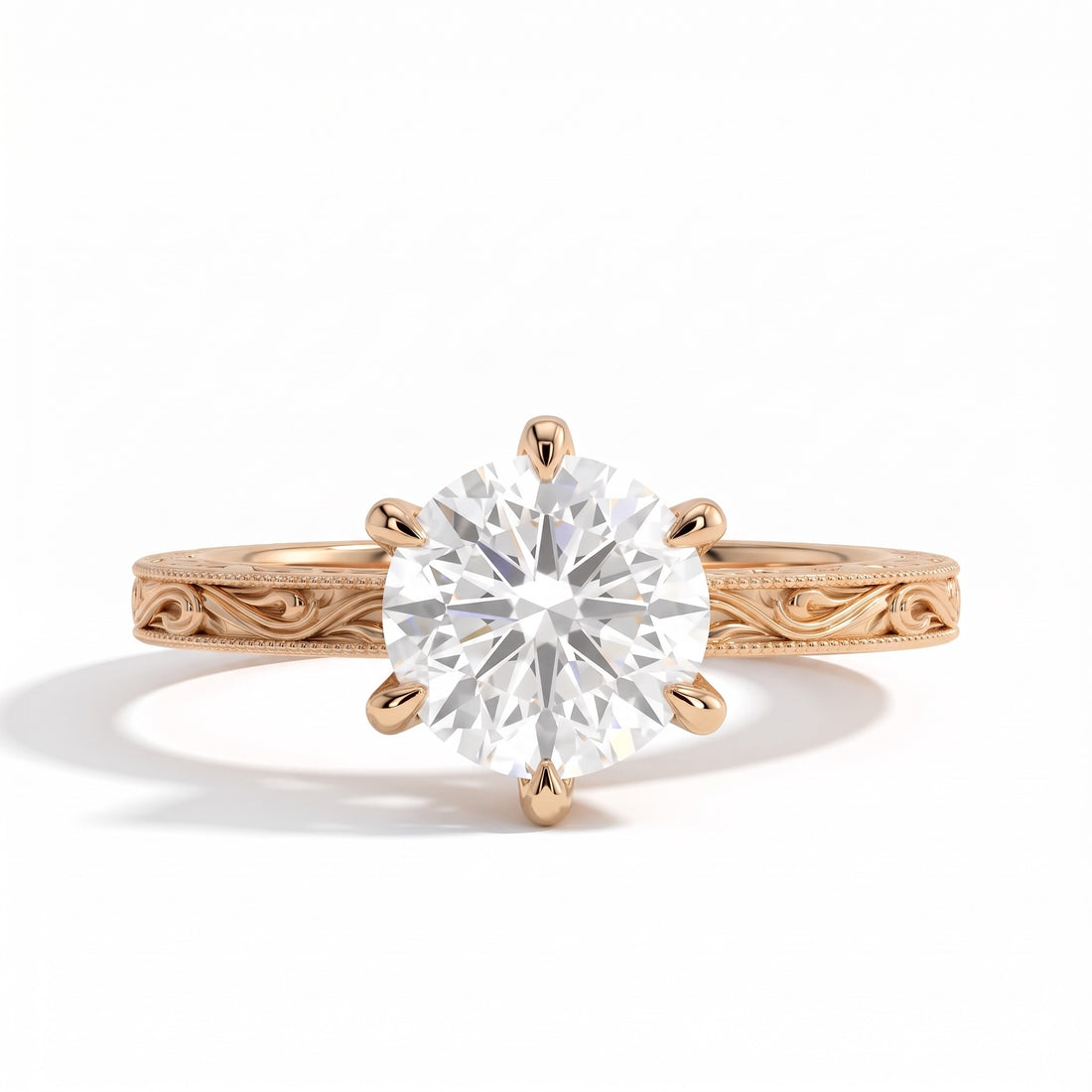 Round lab-grown diamond vintage filigree solitaire engagement ring in 14K (585) yellow gold, front view 