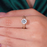 Round lab-grown diamond vintage filigree solitaire engagement ring in 14K (585) white gold, worn on hand 